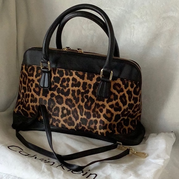 Calvin Klein Leopard Leather Satchel Handbag - Picture 2 of 3